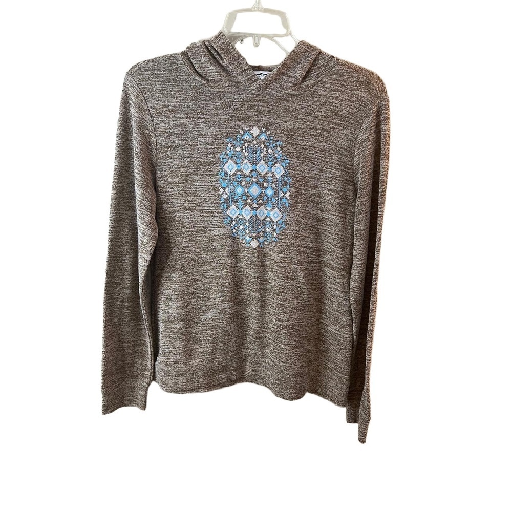 Back In The Saddle Heathered Brown Hooded Geometric Sweater Size Small